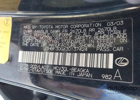 2003 Lexus Es 300 из США, поврежденный, VIN JTHBF30GX30137424